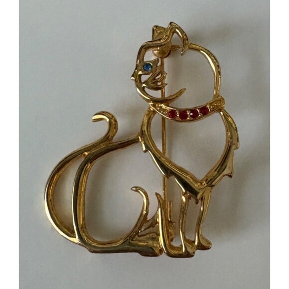 Vintage JJ Jonette Cat Outline Brooch Pin Gold Tone Blue Eye Red Rhinestone Coll - Picture 1 of 6